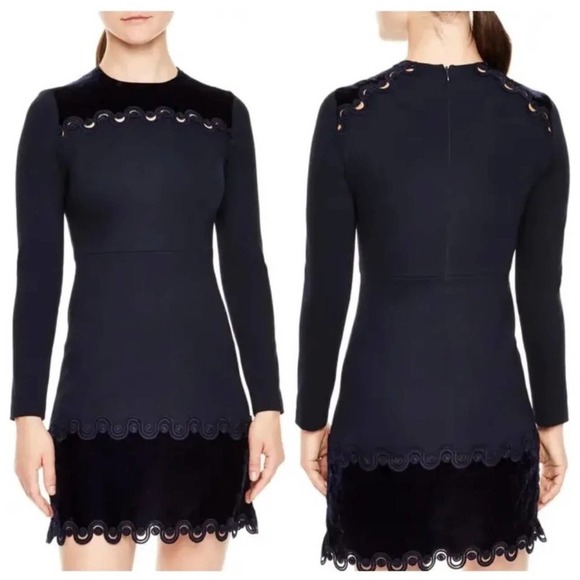 SANDRO $495 Edma Navy Velvet Cutout Trim Mini Long Sleeve Dress Size 3 Large - Picture 1 of 10